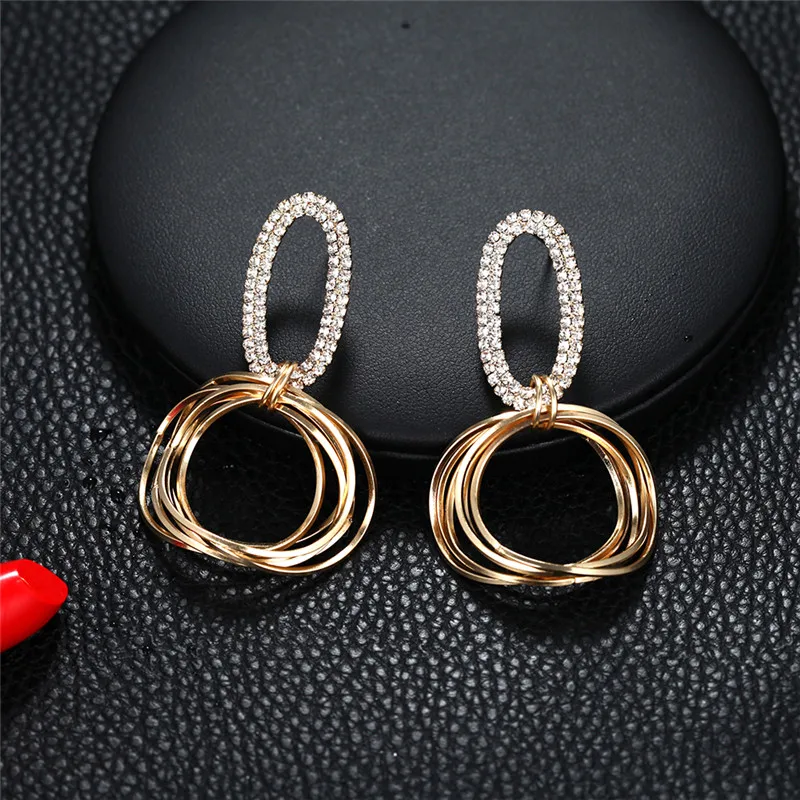 

Luxury Golden Color Geometric Earrings Crystal Round Circle Punk Drop Earrings Gift For Wedding Party Accessories