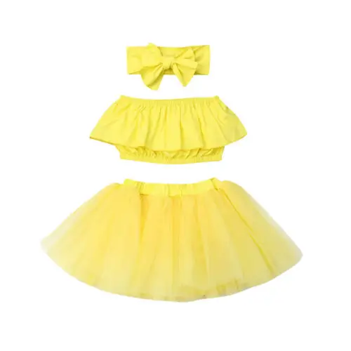 Комплект детской одежды желтого цвета из 3 предметов для новорожденных комплект одежды для маленьких девочек топ с открытыми плечами+ фатиновая юбка-пачка, летняя одежда для малышей