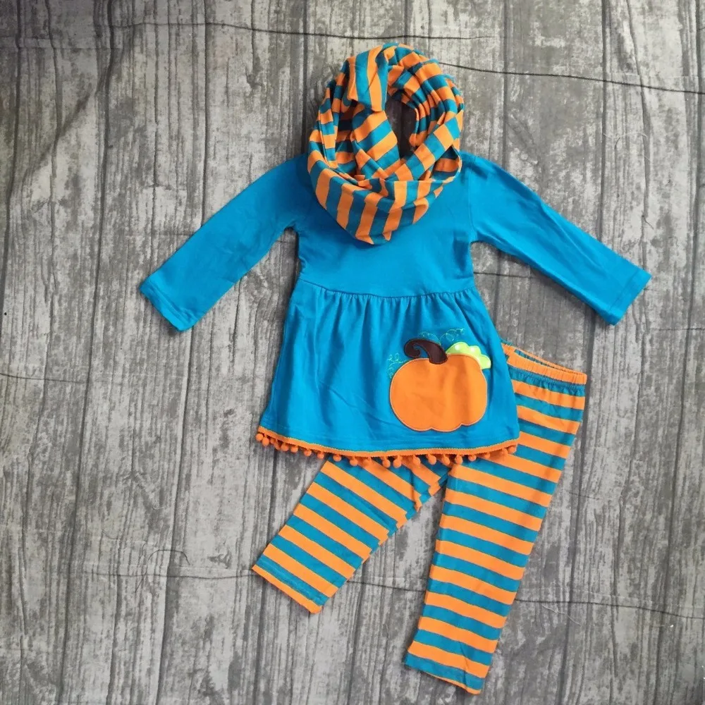 

girls Winter outfits 3 pieces with scarf sets Halloween clothing children girl blue top with pumpkin with stripes pant outfits