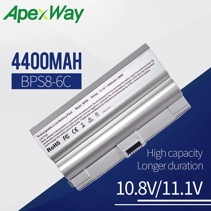 Аккумулятор ApexWay 4400 мА · ч для sony bps8 VGP-BPS8 VGP-BPL8 VGP-BPS8A FZ17 FZ18 FZ20 FZ25 FZ27 FZ28 FZ35 FZ37 FZ38 6 ячеек