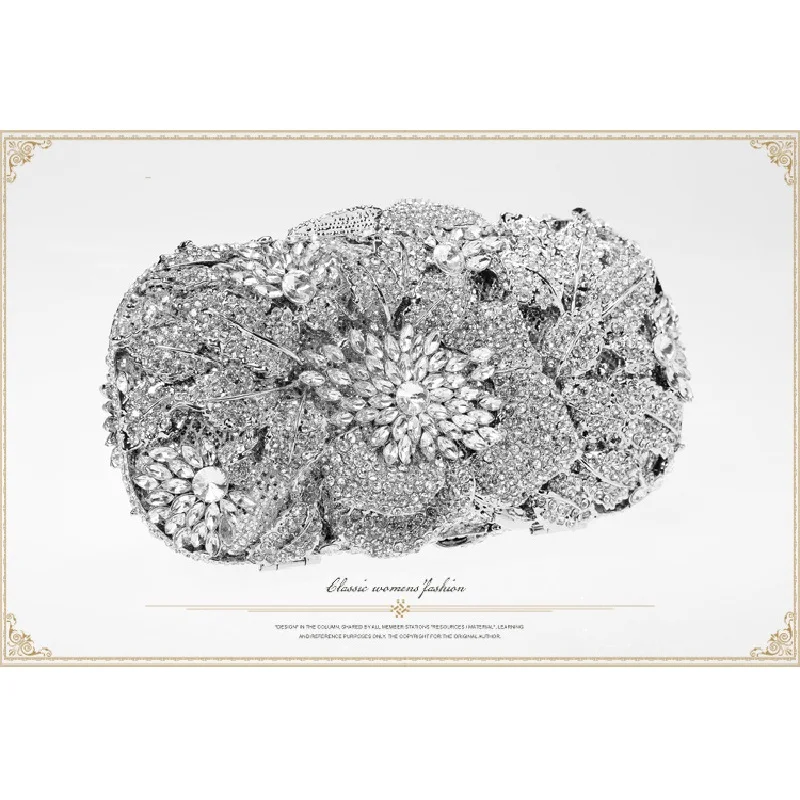 

8122 Rose Floral Flower Silver Crystal Wedding Bridal Party Night hollow Metal Evening purse clutch bag case box handbag