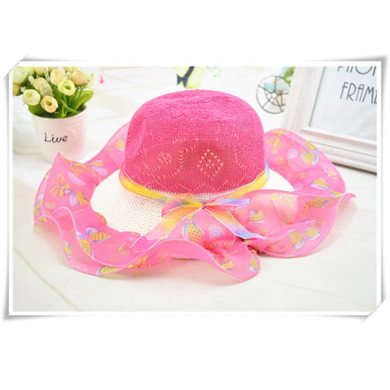 

2019 new summer children's ribbon bow lace wavy straw hat Cute children straw hat girl princess face hat travel visor beach hat