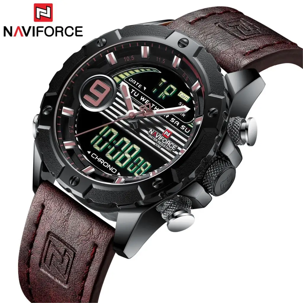 2019 NAVIFORCE брендовые новые мужские часы цифровые кожаные спортивные с хронографом