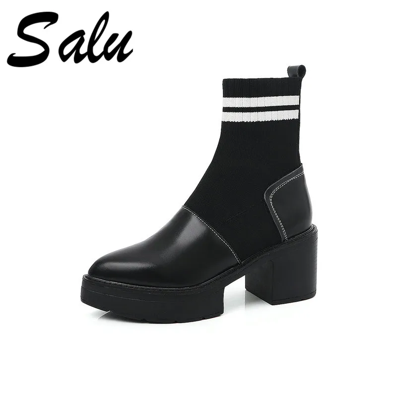 

Salu Punk Basic Ankle Boots Women Genuine Leather High Heels Platforms Party Club Shoes Woman Zipper Motorcycle Boots