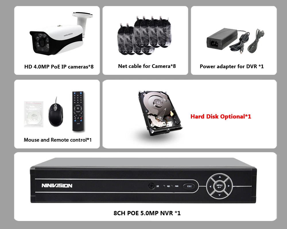 NINIVISION 8CH 5MP POE камера NVR комплект в/открытый 4.0MP PoE IP камера Аудио запись Onvif FTP CCTV системы товары теле и видеонаблюдения