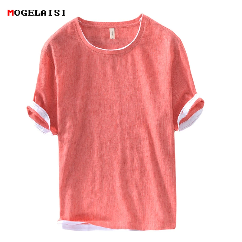 

2018 Fashion linen t shirt men short sleeve breathable soft RED t shirt 100%cotton SOLID Comfortable High quality top&tee 260
