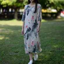 Vestidos 2017 Spring Summer Dress Vintage Chinse Ink Painting Women Dress Fairy Vintage Print Silk Cotton O-Neck Party Dress S81