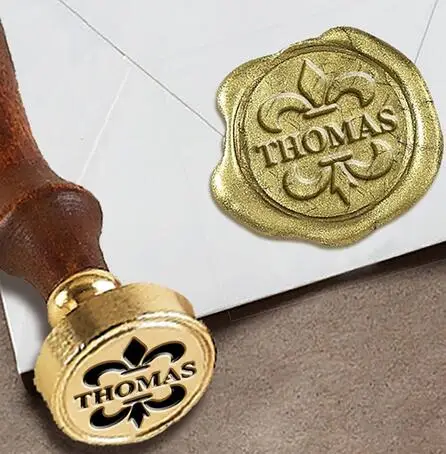 

Personalized Custom Wax Seal Stamp with Name on 1" Die-#2260 Times Roman Font with Name in Split Fleur de Lys