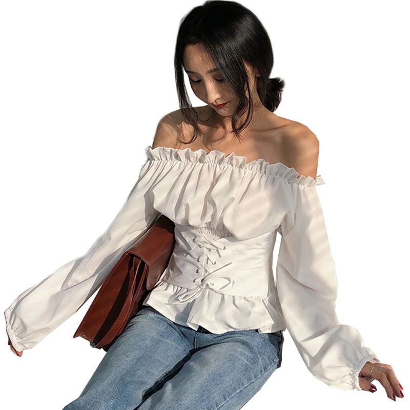 Agradecido Traer Será Estilo coreano mujeres tops y blusas 2018 Primavera Verano off hombro  fruncido bandage strappy bardot blusa top camisa de manga larga|Blusas y  camisas| - AliExpress