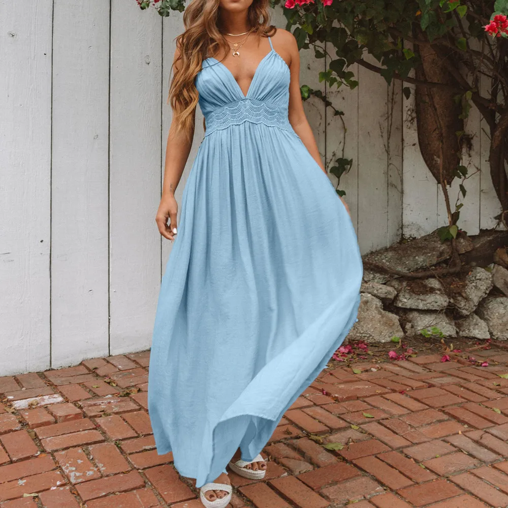 

Women Dress 2019 New Fashion Women Sexy Lace Camisole Splicing Backless Bandage Sleeveless Beach Long Dress