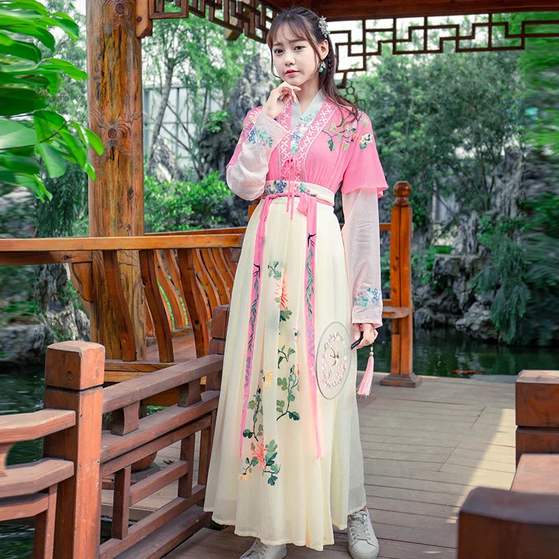 Древний стиль улучшения повседневной носки студент костюм hanfu Женский Весна и осень Han элемент перекрестное платье юбка китайский стиль