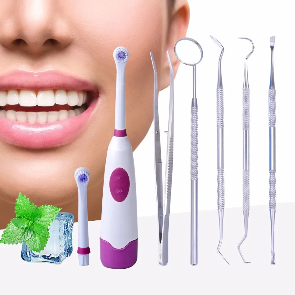 Rotary Electric Toothbrush+5pcs Dentist Tool Kit Stainless Steel Tarter Remover Dental Pick