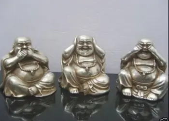 

Rare Interesting Tibet Silver carved 3 Happy Laughing Buddha Art Small Statue
