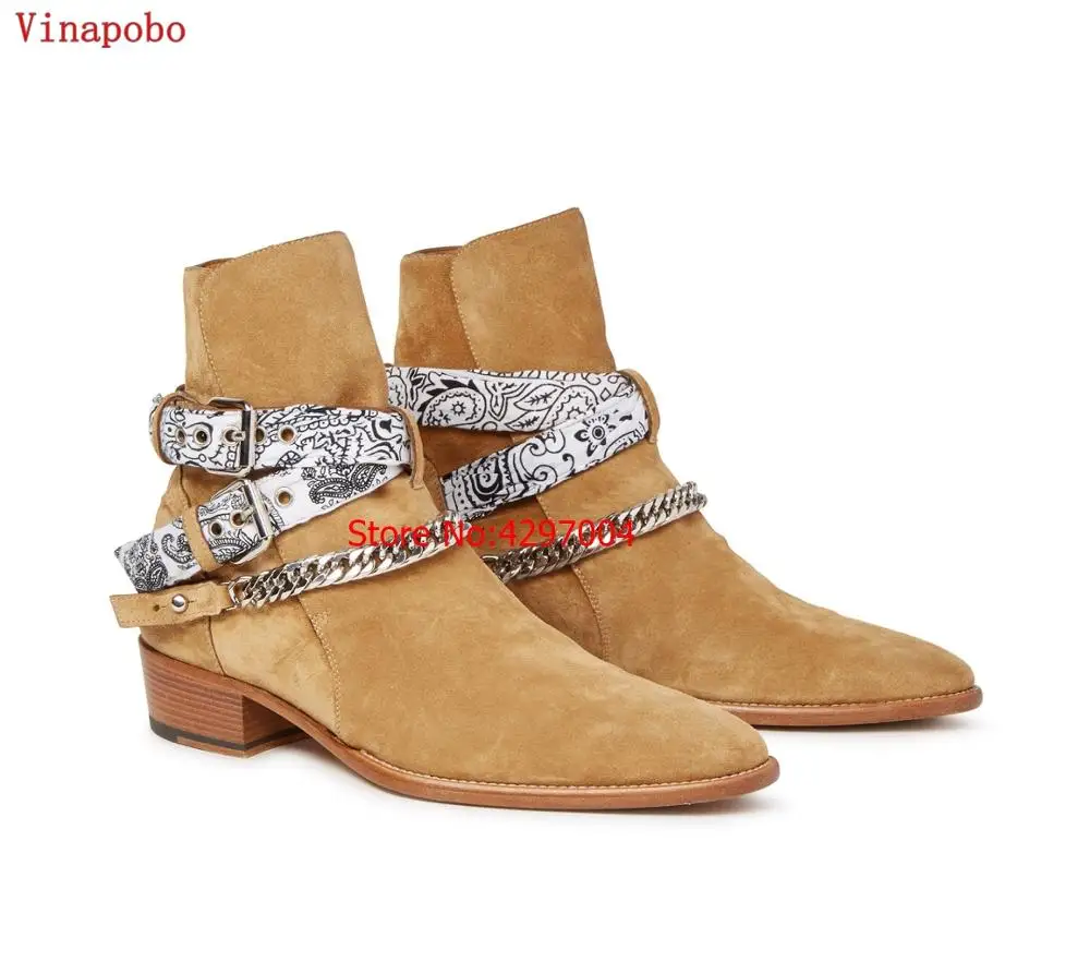 

Vinapobo Pointed Toe Wyatt Buckle strap Chain Cow Leather Graffiti Scarf strap personalized customized handmade men causal shoes