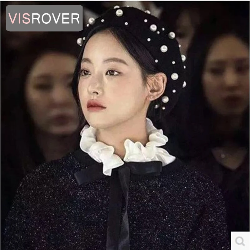 

VISROVER new women beret with pearls for woman in Autumn winter Pure Wool Bead Pearl Cap Warm Girl Sweet Painter Hat Wholesale
