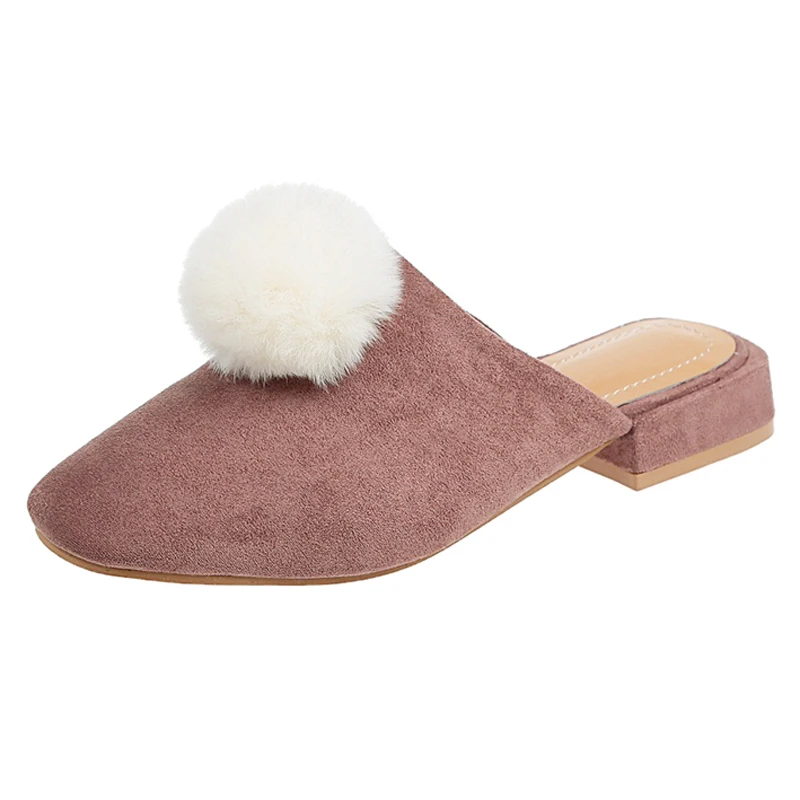 

HEE GRAND 2019 New Mules Women Faux Fur Low Square Heels Outside Flock Solid Square Toe Shoes Ladies Casual Sweet Shoes XWT1556
