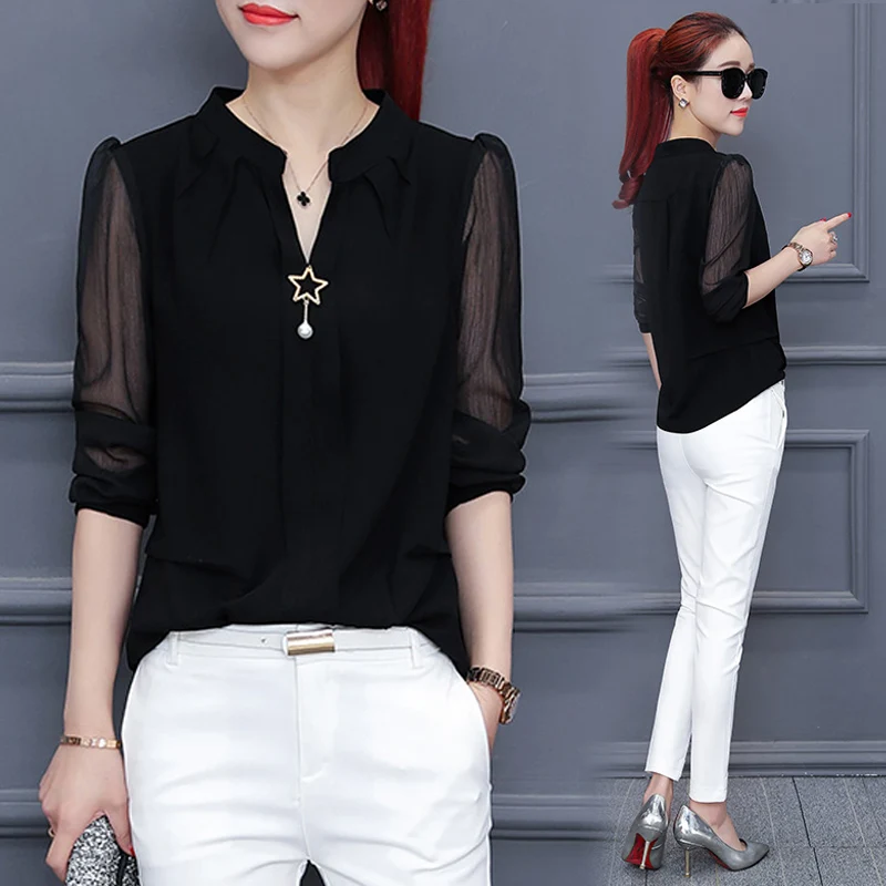 Fashion New Korean Style Blouse Slim Long Sleeved Chiffon