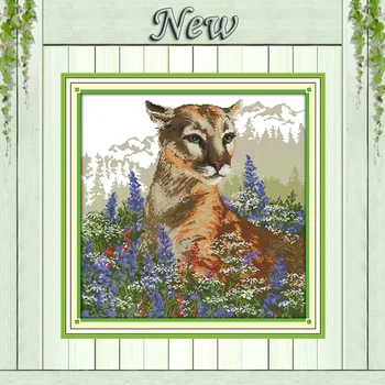 

The leopard with flowers decor painting counted print on canvas DMC 14CT 11CT Chinese Cross Stitch Needlework Set Embroider kits