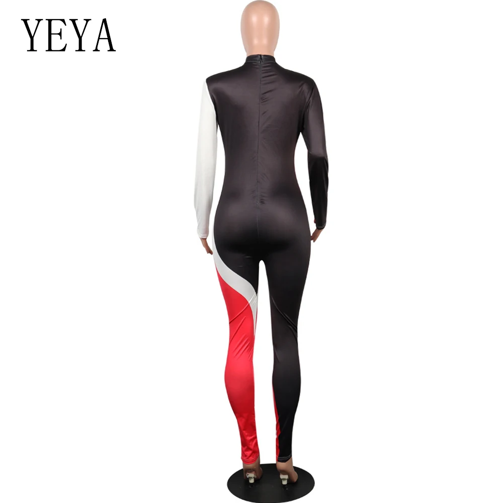 YEYA Big Size Patchwork Women Runway Jumpsuit Autumn Winter Casual Turtleneck Long Sleeve Fit Rompers High Street Sexy Overalls 