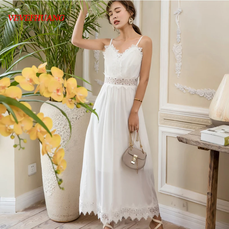

Summerach Women Long dress Spaghetti Strap Wide-legged Bai Sexian Seaside Holiday Dresses White L0989