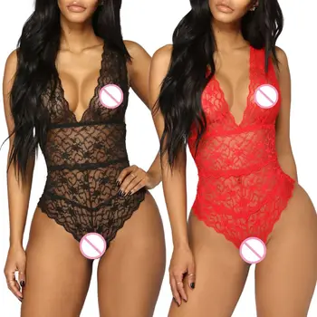 

Womens Erotic See Through Mesh Lingerie Bodysuit Solid Color Floral Lace Plunging V-Neck Rompers High Cut Scalloped Trim Low Cut