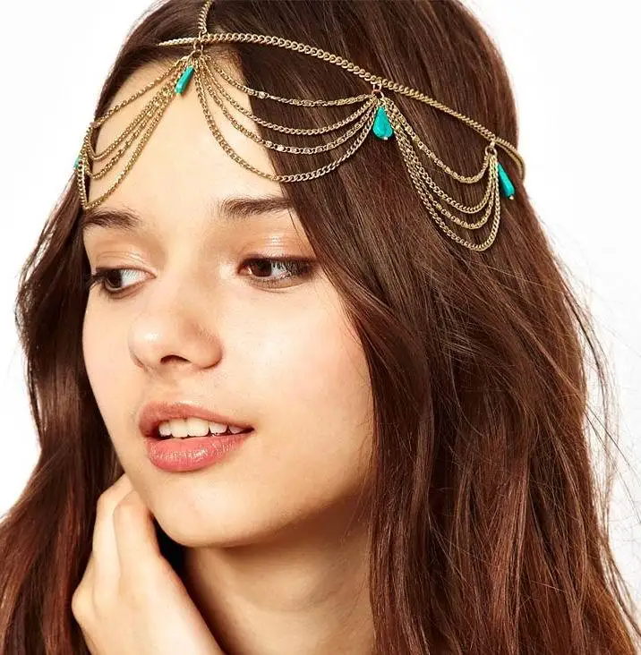 Fashion Gold Plated Tone Crown Turquoise Stone Headpiece Headband Hair