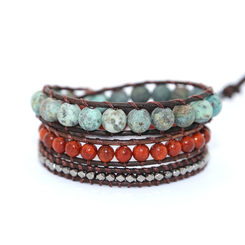 

Vintage Leather Bracelets natural Stone 3 Strands Wrap Bracelets for men and Women Multilayer Boho Bracelet Handmade Jewelry