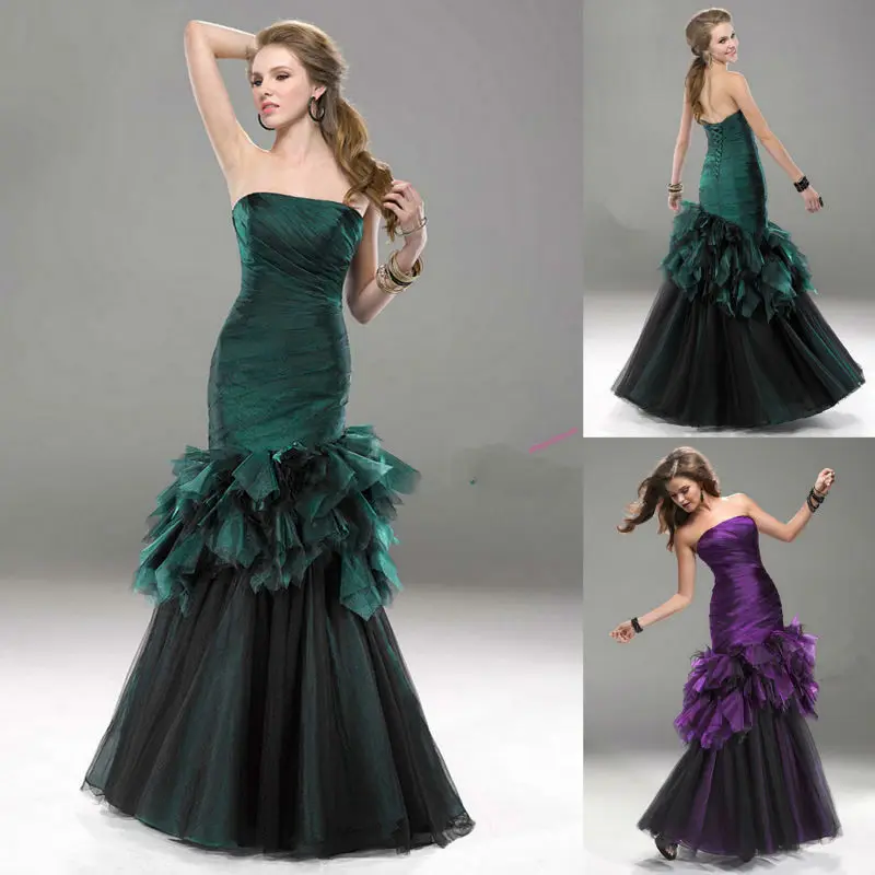 Pine Green Regal Purple Floor Length Strapless Tiered Long Mermaid