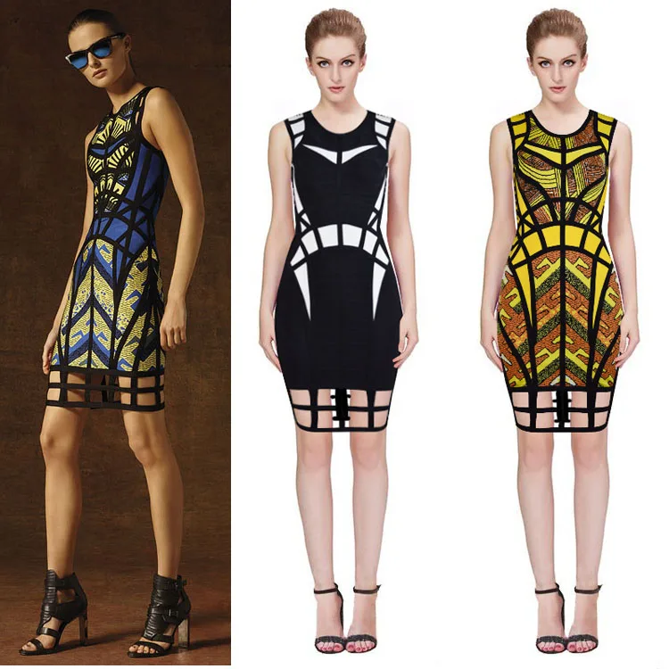 

2019 Rayon Clothes Fashion New Sleeveless 0-neck Flower Printed Club High Quality Women Celebrity Party Mini Bandage Tank Dress