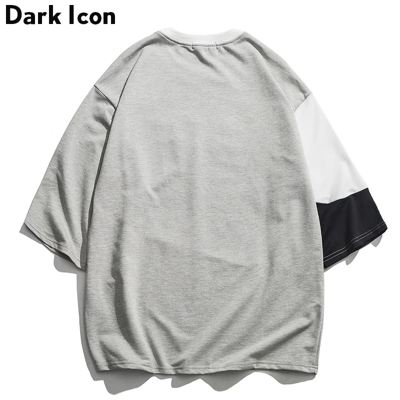 Dark Icon Patchwork Loose T-shirt Men Round Neck Half Sleeve Terry Cotton Tee Shirts Men Street Tee Shirts Man Clothing