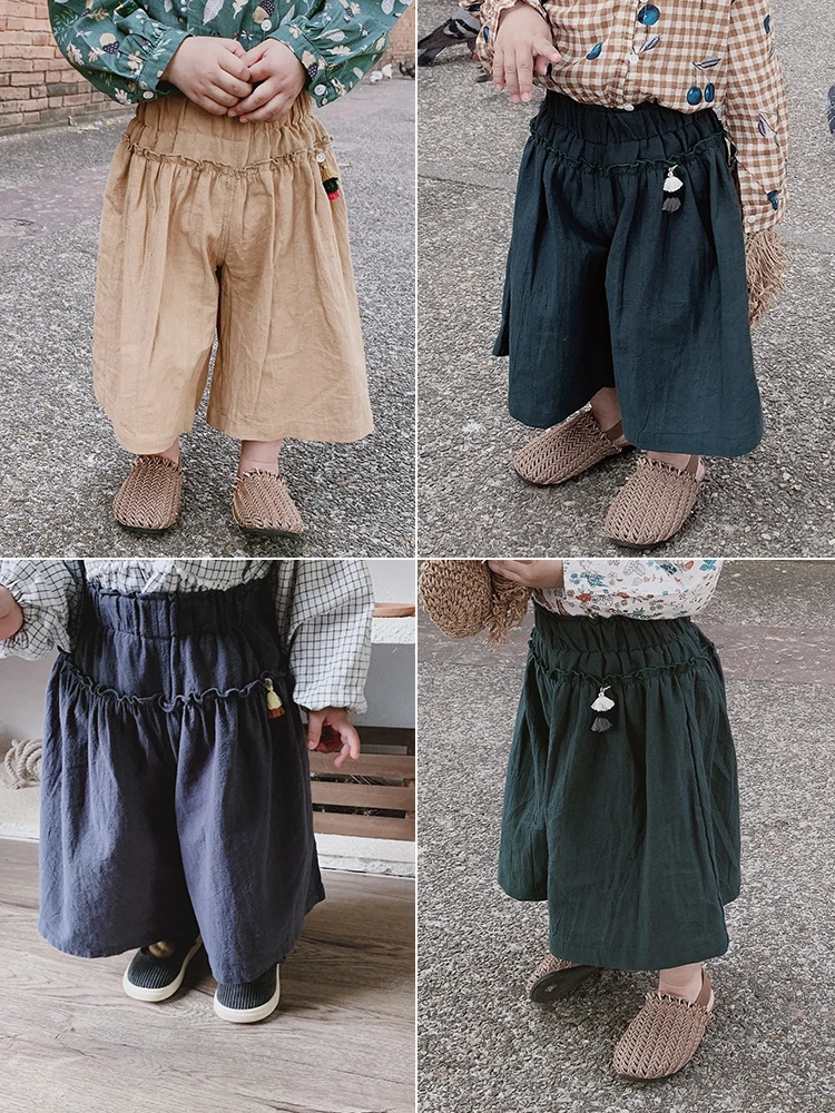 

Highwaist Elastic Baby Cotton Linen Pants 2019 Pure Color Toddler Girl Wide Leg Pants Ear Edge Pattern Chidlren Baby Loose Pants