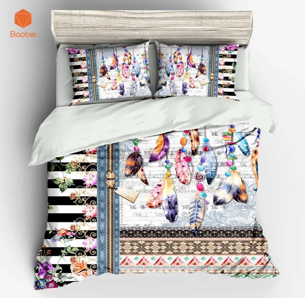 

3/4Pcs 3D Feather Striped Zip Bedding Set With Pillowcases Duvet Cover Quilt Cover For Adults Queen Twin Sizes Bedspreads Sj23