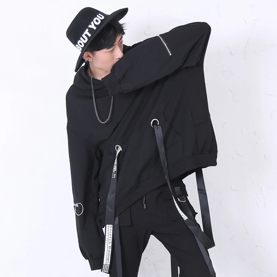 Black Ribbon Pullover Hoodies Men Hip Hop Sweatshirts Swag Male