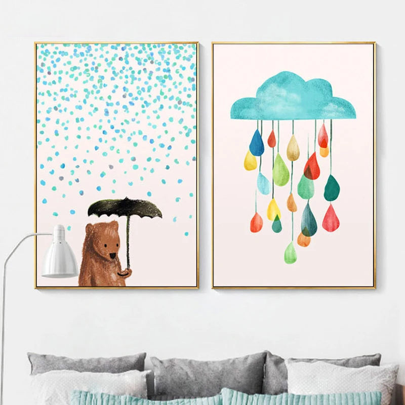 

HAOCHU Nordic Abstract Cartoon Blue Cloud Colorful Raindrops Bear Canvas Painting Wall Picture For Kids Room Home Decor