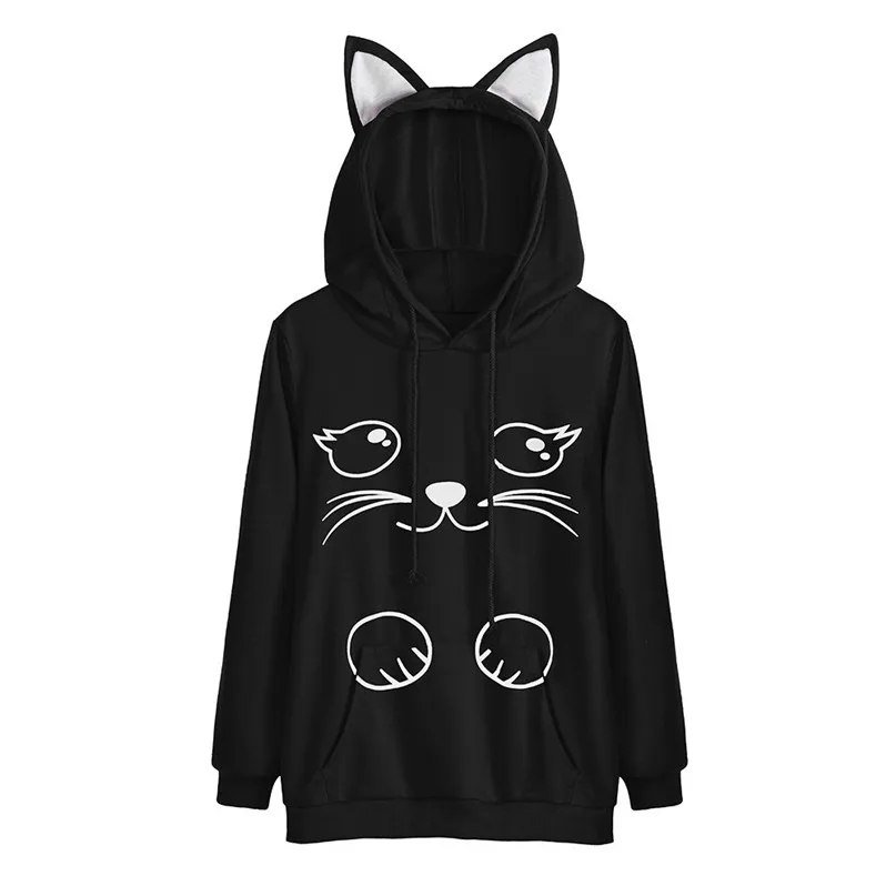 Womens Fashion Causal Cat Printing Autumn Winner Party Daily Beach Long Sleeve Hoodie Sweatshirt Hooded Pullover Tops #15 | Женская