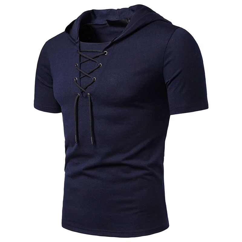 

Men's T Shirt 2019 Summer Slim Fitness Hooded Short-Sleeved Drawstring Tees Male Camisa Masculina Sportswer T-Shirt Homme Eu 2XL