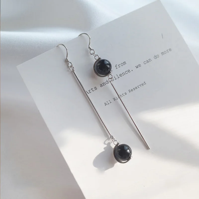 

925 Sterling Silver Black Crystal Round Bead Dangle Drop Earrings For Women Asymmetric 925 Sterling Silver Long Earring Jewelery