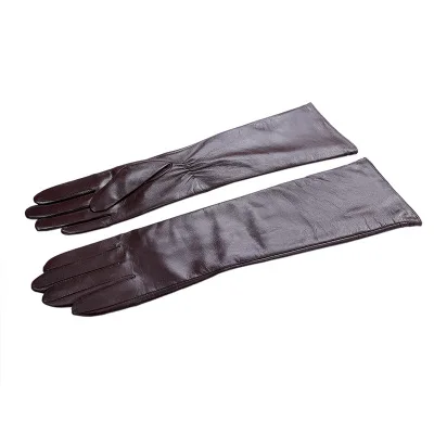 KURSHEUEL Роскошные зимние женские длинные кожаные перчатки высокого качества для вечеринки из натуральной кожи теплые перчатки для вождения Женские варежки - Цвет: brown