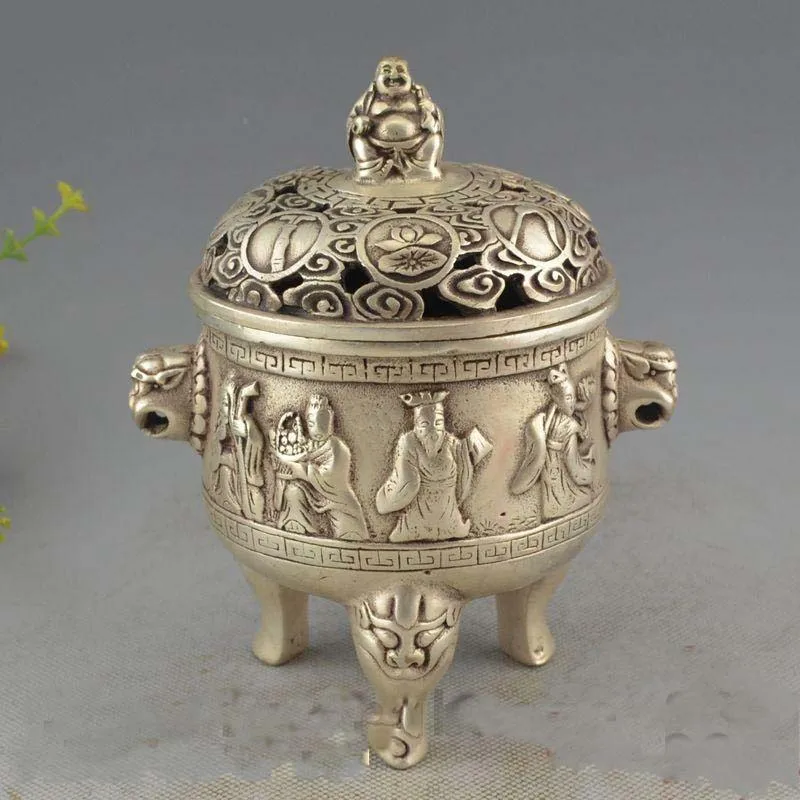 

Chinese silver Eight Immortals Maitreya Buddha Beast Head Incense Burner