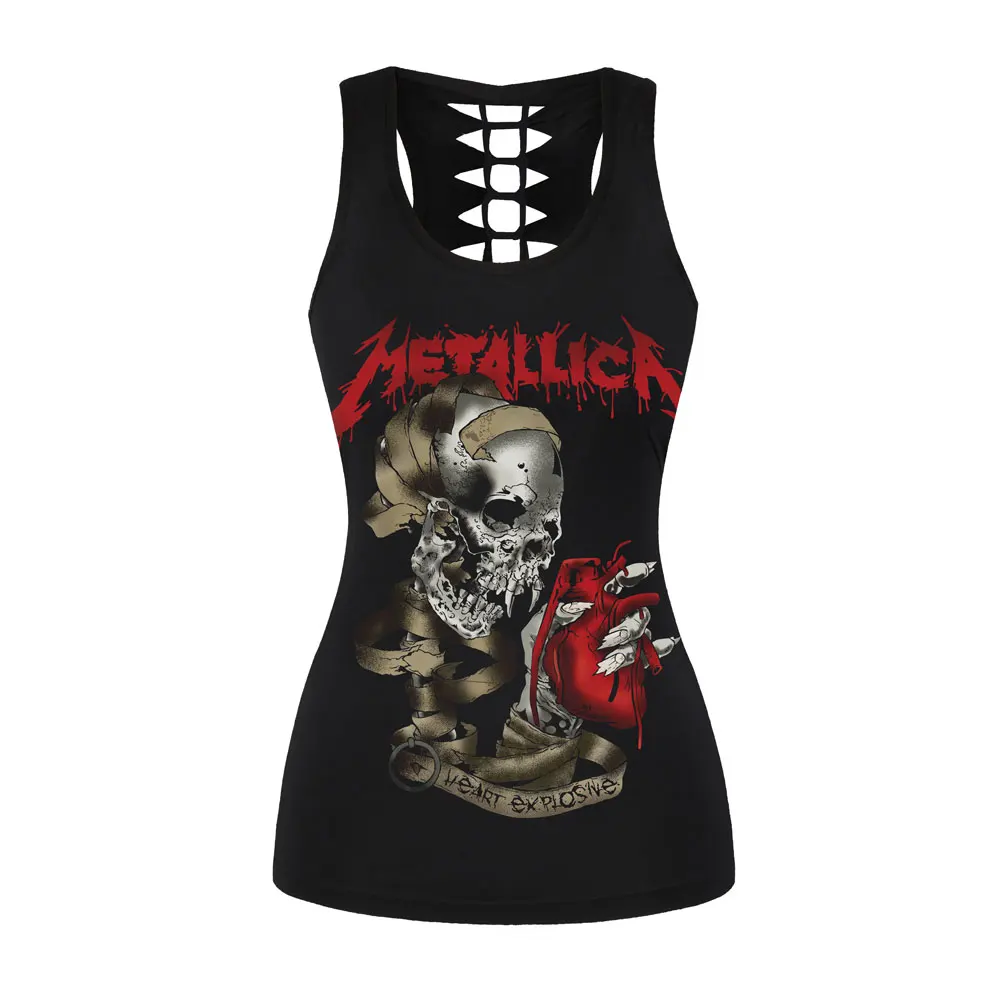 

Jessingshow Women Close Fitting Tops Sexy Summer Casual Sleeveless Tank Top Fitness Female Tshirt Skull Printed Hollow Out Vest
