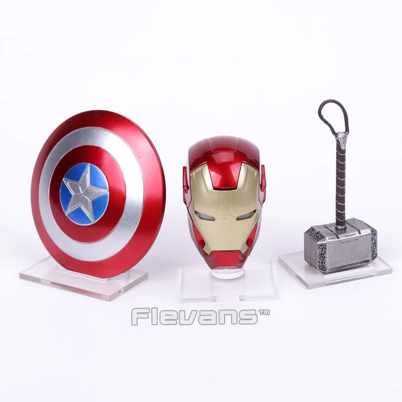 Image Avengers 2 Marvel Iron Man MK43 LED Light Helmet Captain America Shield Thor Hammer With Acrylic Base Mini Action Figure Toys