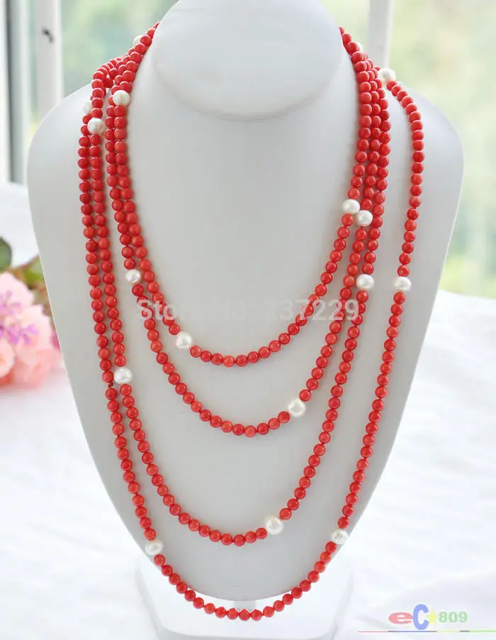 

HOT## Wholesale XSZ2014 ^^^^^100" 7mm round freshwater white pearl red coral bead necklace
