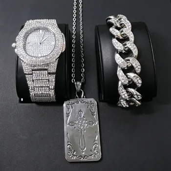 

Luxury Men Watch & Bracelet & Necklace Combo Set Ice Out Cuban Watch Hip Hop Pendant Necklace Crystal Miami Hip Hop For Men