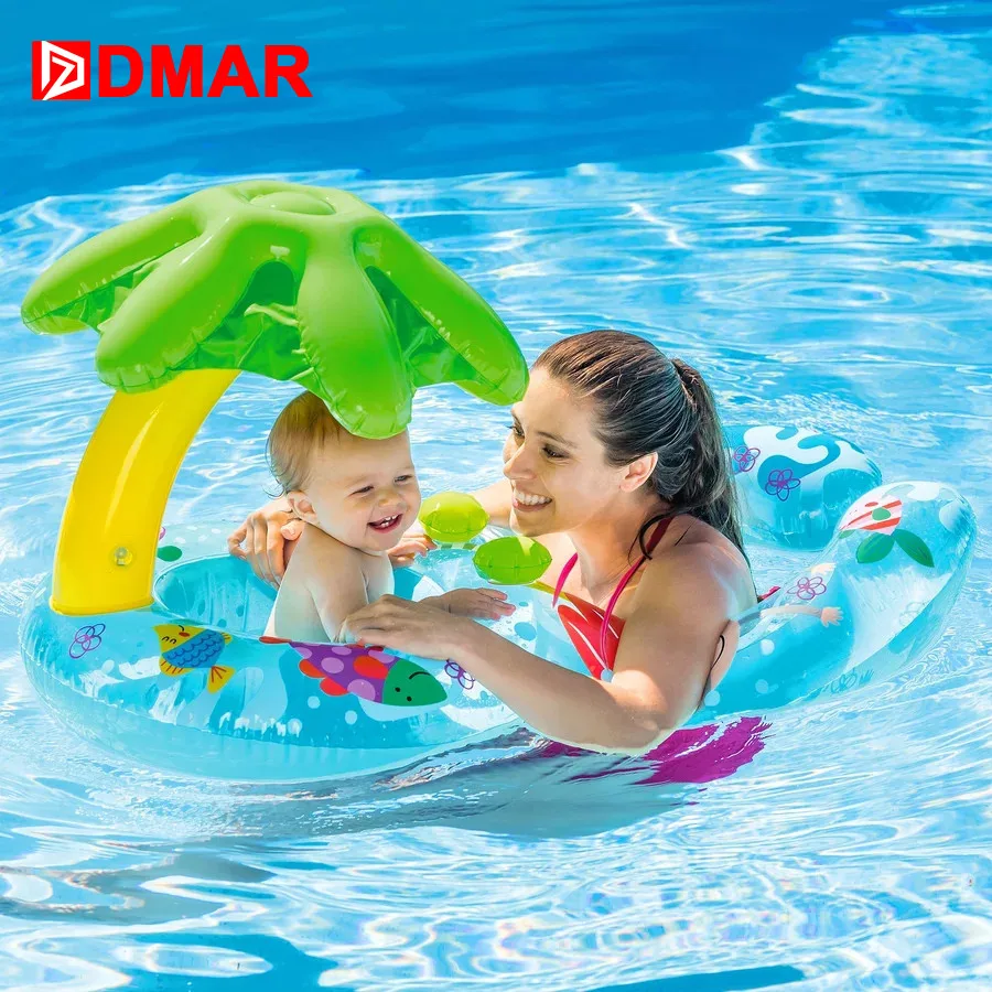 

DMAR Baby Inflatable Double Swimming Ring Pool Float Toys Parent-child Activity With Canopy Sea Mattress Party Unicorn Flamingo