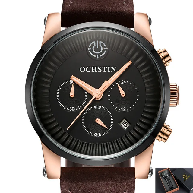 052C Rose Black Box Новая мода Для мужчин s Элитный бренд часы ochstin Для мужчин Военные спортивные часы с хронографом, кожаный ремешок, кварцевые часы, Relogio Masculino - Цвет: 052C Rose Black Box