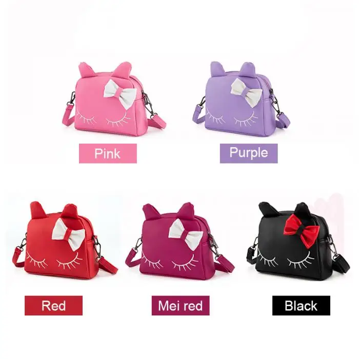 New Sweet Girl Shoulder Bag PU Leather Zipper Cute Cat Bow Handbag Kids Casual Bags WML99