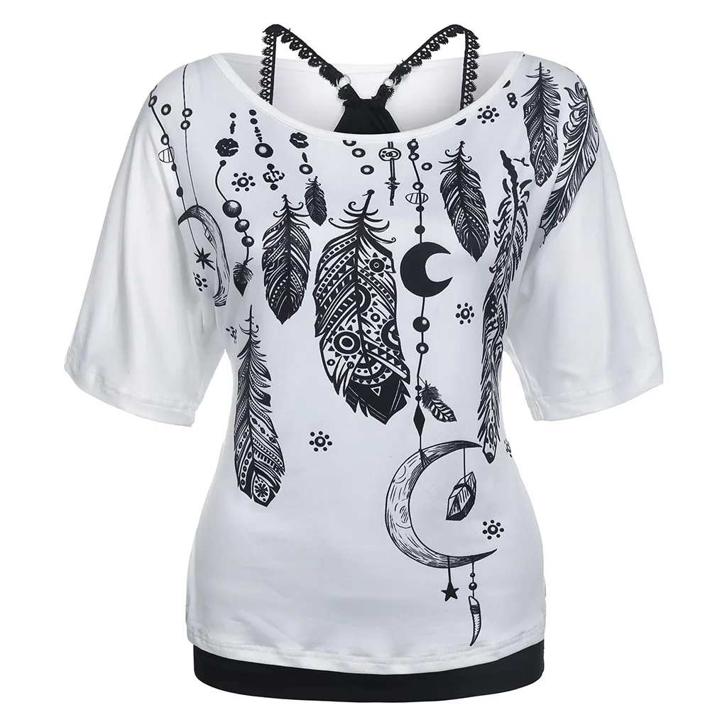

Women t shirt harajuku футболка женская Fashion Casual round neck feather print Two-piece suit Short Sleeve free deliveryD4