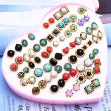 36 пар/лот, очаровательные серьги в винтажном стиле с камнями для женщин и девушек, смешанный стиль, серьги-гвоздики, подарок с коробкой