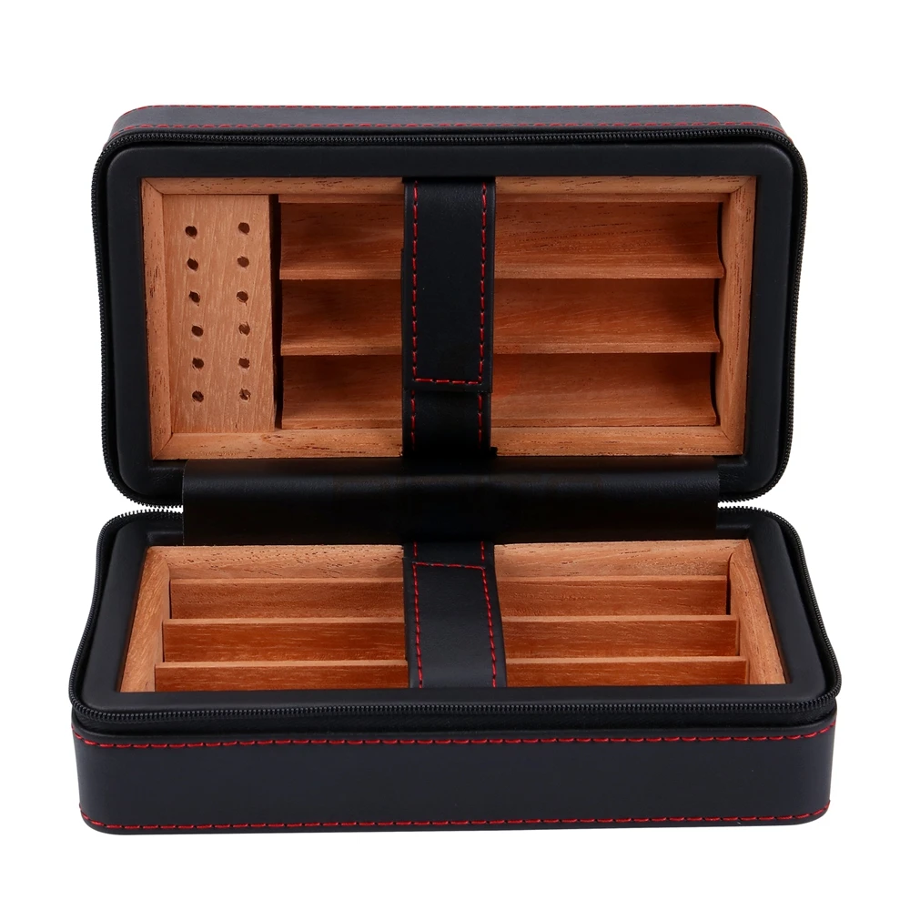 Portable Cedar Cigar Wood Travel Cigar Humidor Leather with Humidifier Storage Box with Humidifier Hold Case for 6 Cigars