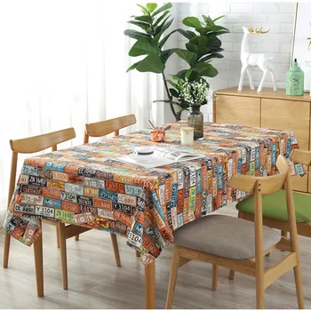 

Retro License Plate Pattern Tablecloth Thicken Cotton Asian Car Lisense Grid Pattern Vintage Bohemian Table Cover Pinic Cloth